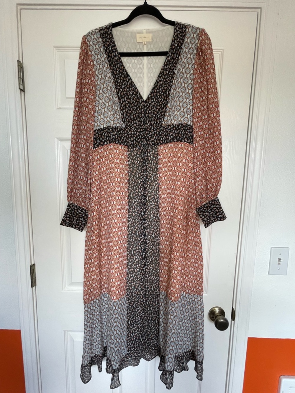 MELLODAY Mixed Print V-Neck Long Sleeve Dress - Rust, Black, Cream